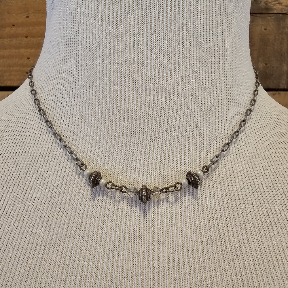 Delicate gunmetal chain necklace with silvertone, faux pearl & clear beads
